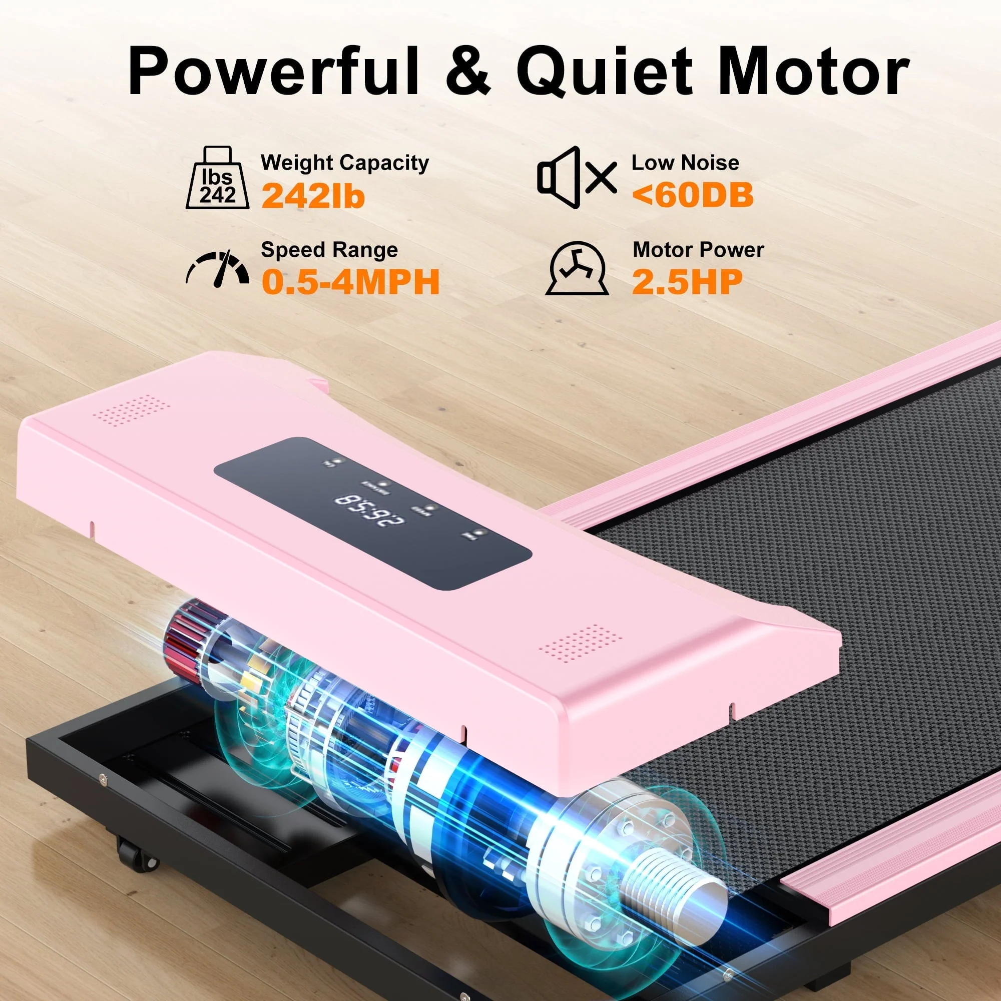 Adnoom Under Desk Treadmill,2 5HP Installation Free Slim Flat Compact Treadmill,Electric Quiet Walking Treadmill with LED Display and Wireless Remote Control for Home/Office (pink) Image 3