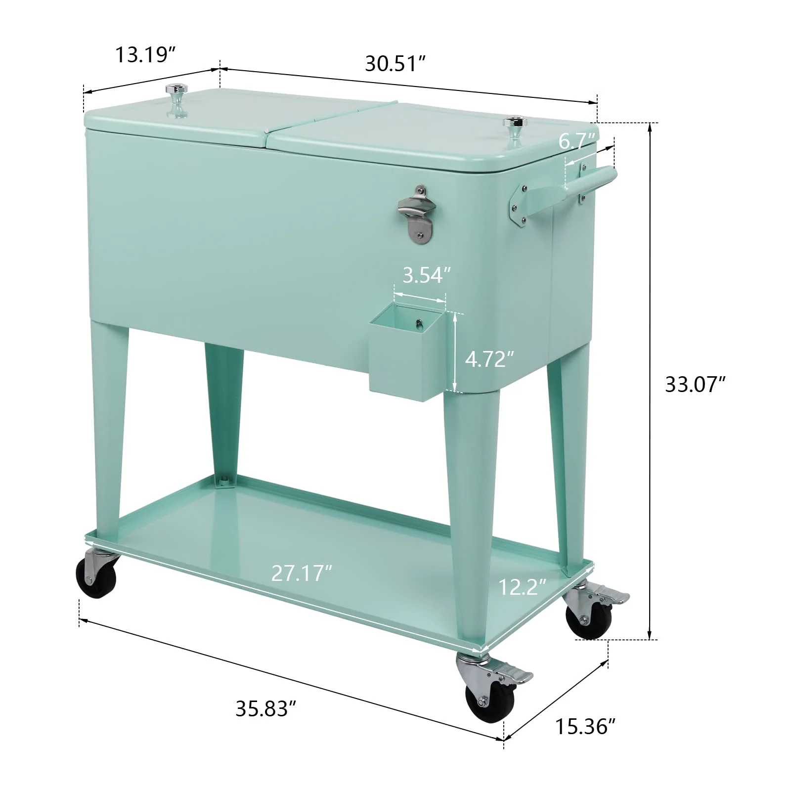 80 Quart Outdoor Cooler Cart Rolling Ice Chest Cooler Cart, Portable Patio Cooler with Bottle Opener, Handles and Drainage, Standing Cooler for Patio Party, Camping and BBQ, Mint Green(Mint Green) Image 6