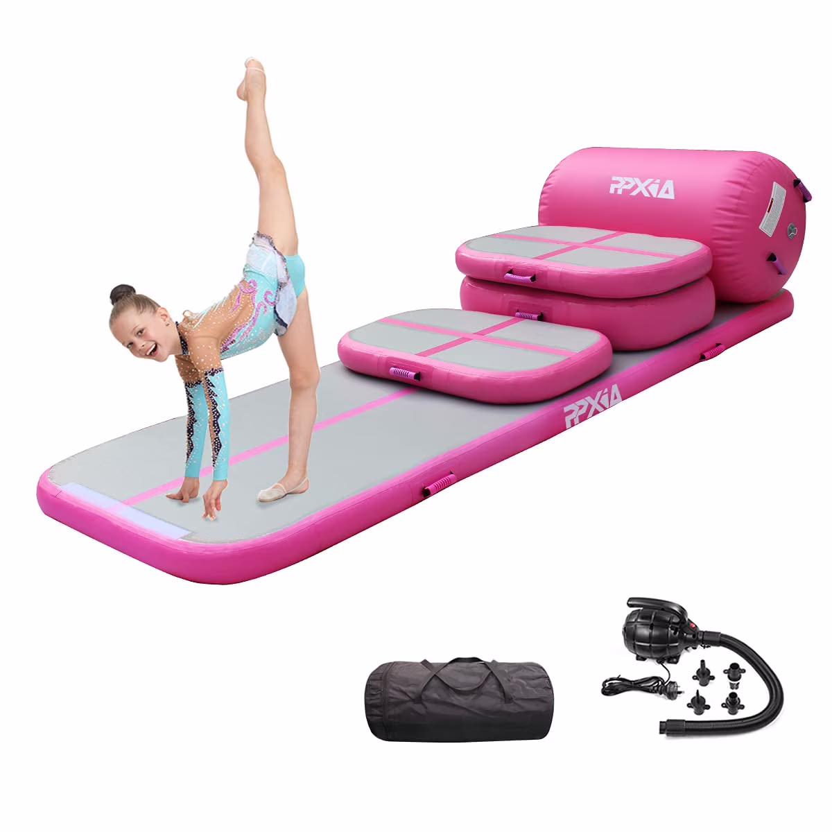 Gymnastics Mat Set 10FT Inflatable Tumbling Mat, 39*24 inch Air Roller Gymnastics Barrel and 3 Air Block with 800W Air Pump for Training Cheerleading Home Use Yoga and Water Use(Blue-5PCS) - Image 7