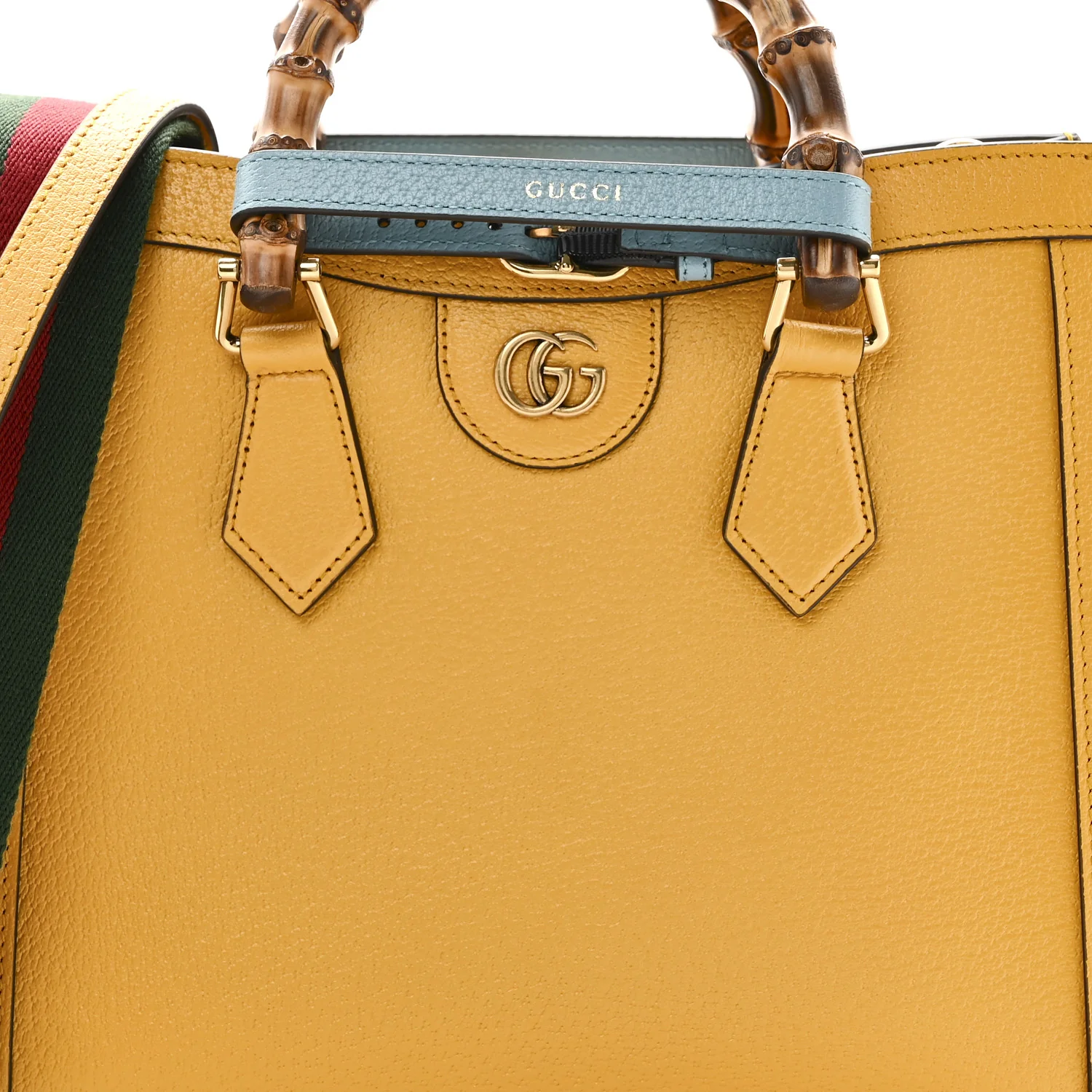 Textured Dollar Calfskin Web Small Diana Tote Bag Yellow Dusty Azure