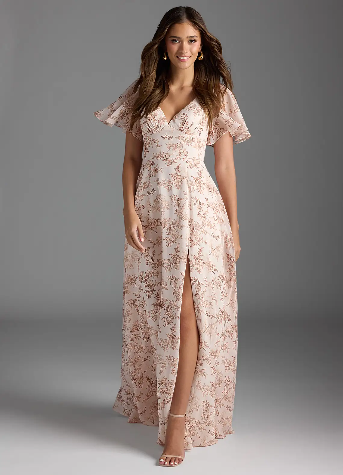 Pink Fern Floral A-Line Flounce Sleeve Chiffon Dress