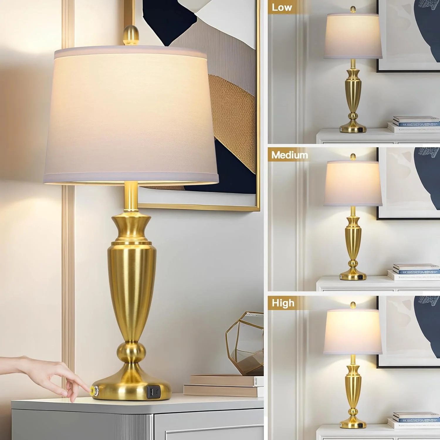 27'' Gold Table Lamps for Living Room, 3 Way Touch Control Bedside Lamps Set of 2 with USB A+C Ports, Modern Metal Nightstand Lamps for Bedroom Living Room Office End Table(Gold) Image 5