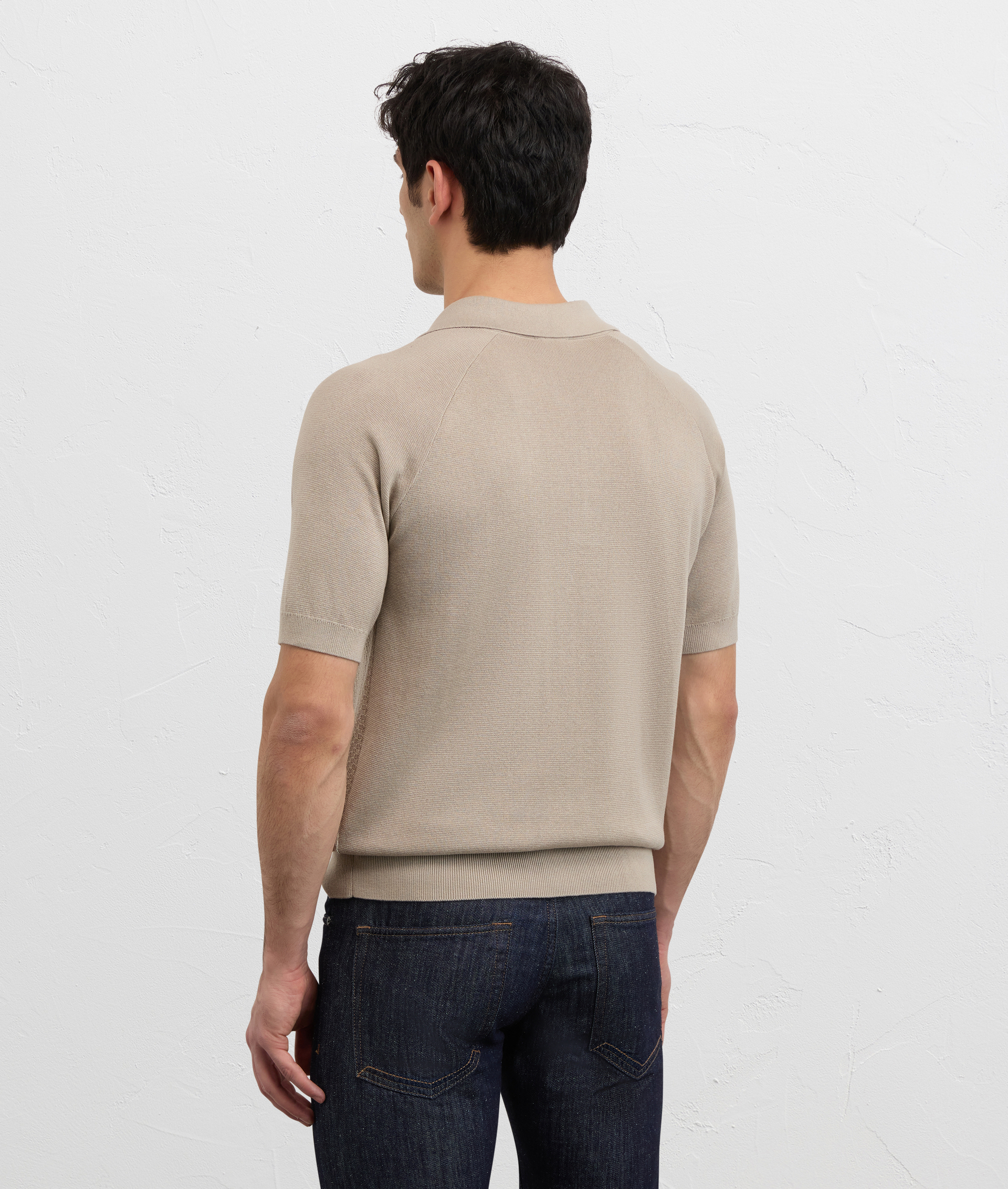 LIGHT BROWN SILK AND COTTON KNITTED SHORT SLEEVED POLO SHIRT WITH BUTTONS