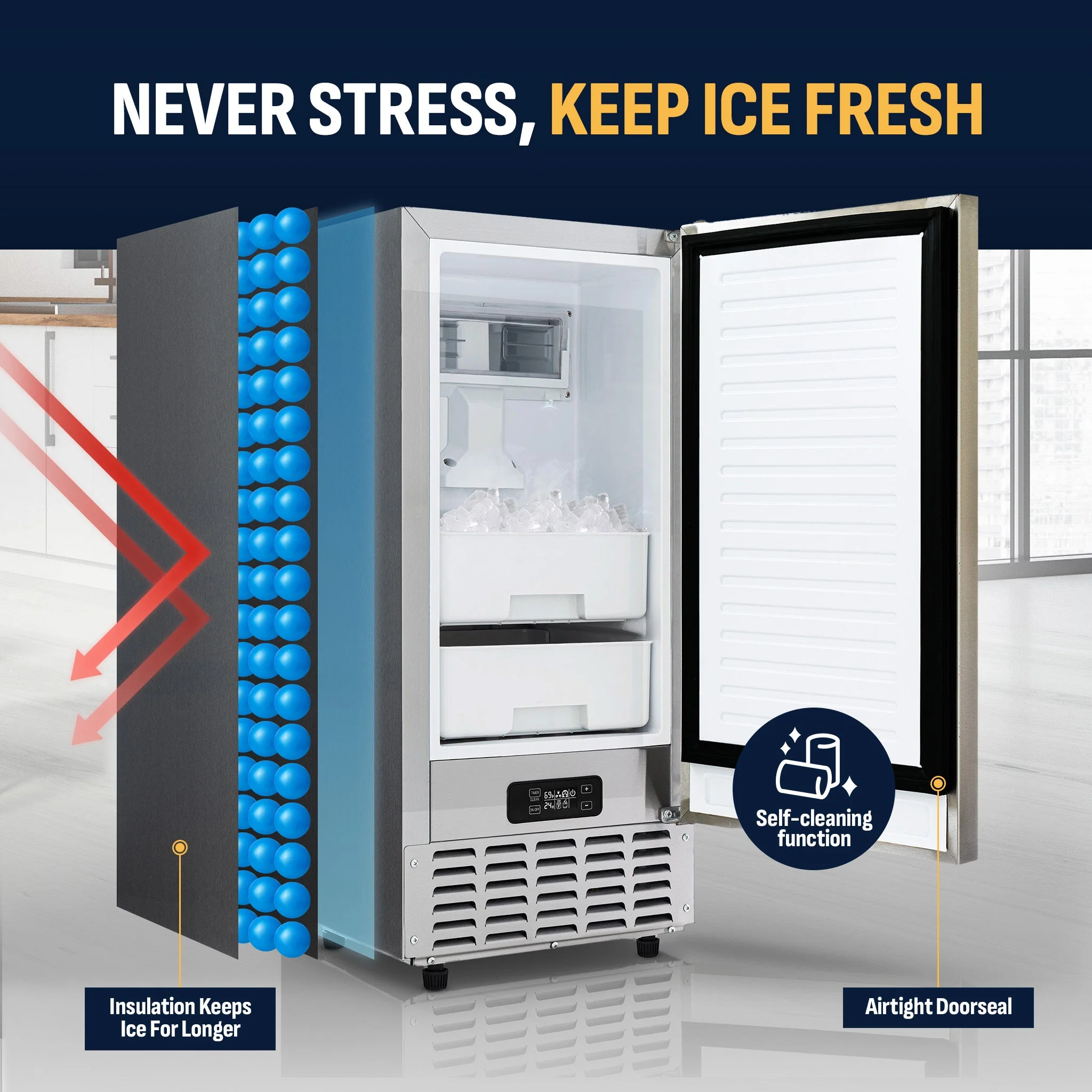 Newair 15” Undercounter Nugget Ice Maker, 66 lbs/day - Stainless Steel