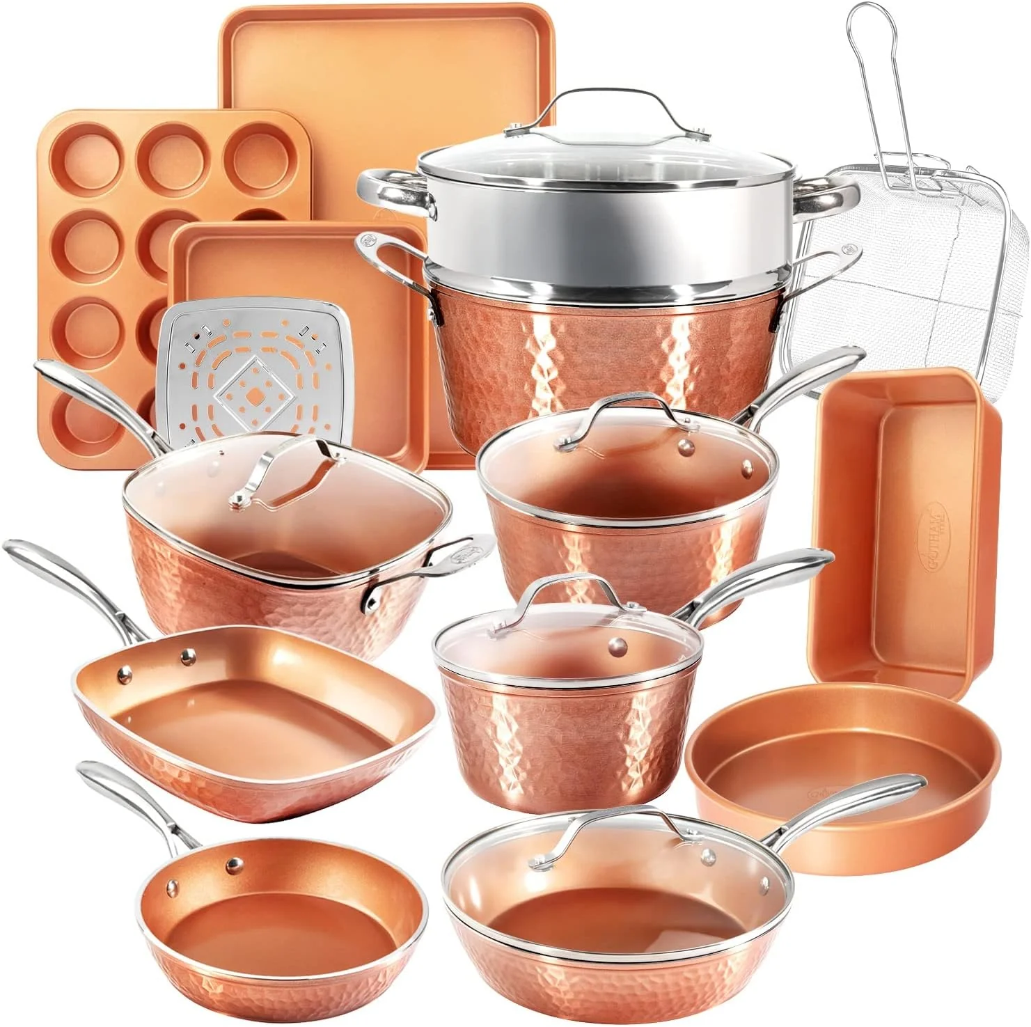 Batterie de cuisine 20 pièces en céramique antiadhésive effet cuivre martelé, comprenant casseroles et poêles antiadhésives, un ensemble de poêles carrées profondes et un ensemble de moules à pâtisserie. Sans PFOA ni PFOS, non toxique. Compatible fou