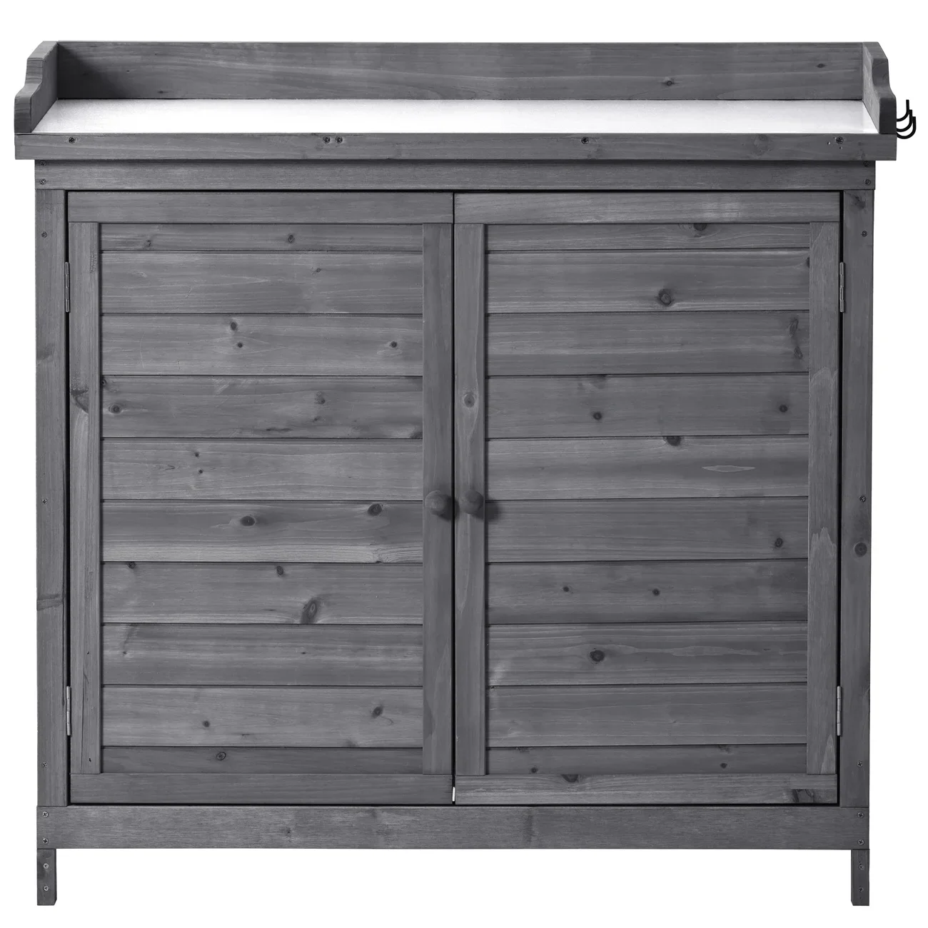 Outdoor Potting Bench, 39 Rustic Garden Console Table with 2-Tier Shelves and Side Hook, Wooden Workstation with Metal Tabletop Surface and 2 Doors for Park, Mudroom, Backyard, Gray