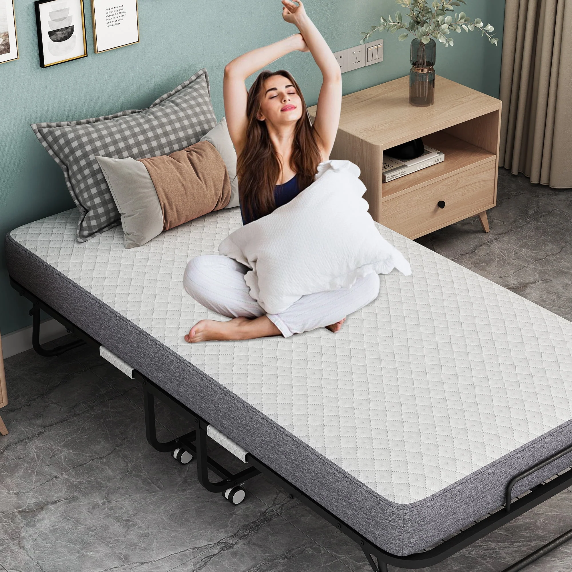 Folding Bed with Mattress 75 x 31 Cot Size Folded Bed, Rollaway Guest Bed Portable Foldable Extra Bed for Adults Daybed with 5 Memory Foam Mattress Space-Saving Sturdy Metal Grid Frame