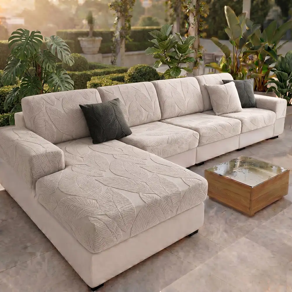 Modern Leaf Jacquard Water-Repellent Anti-Scratch Stretch Full Wrap Outdoor Couch Cover