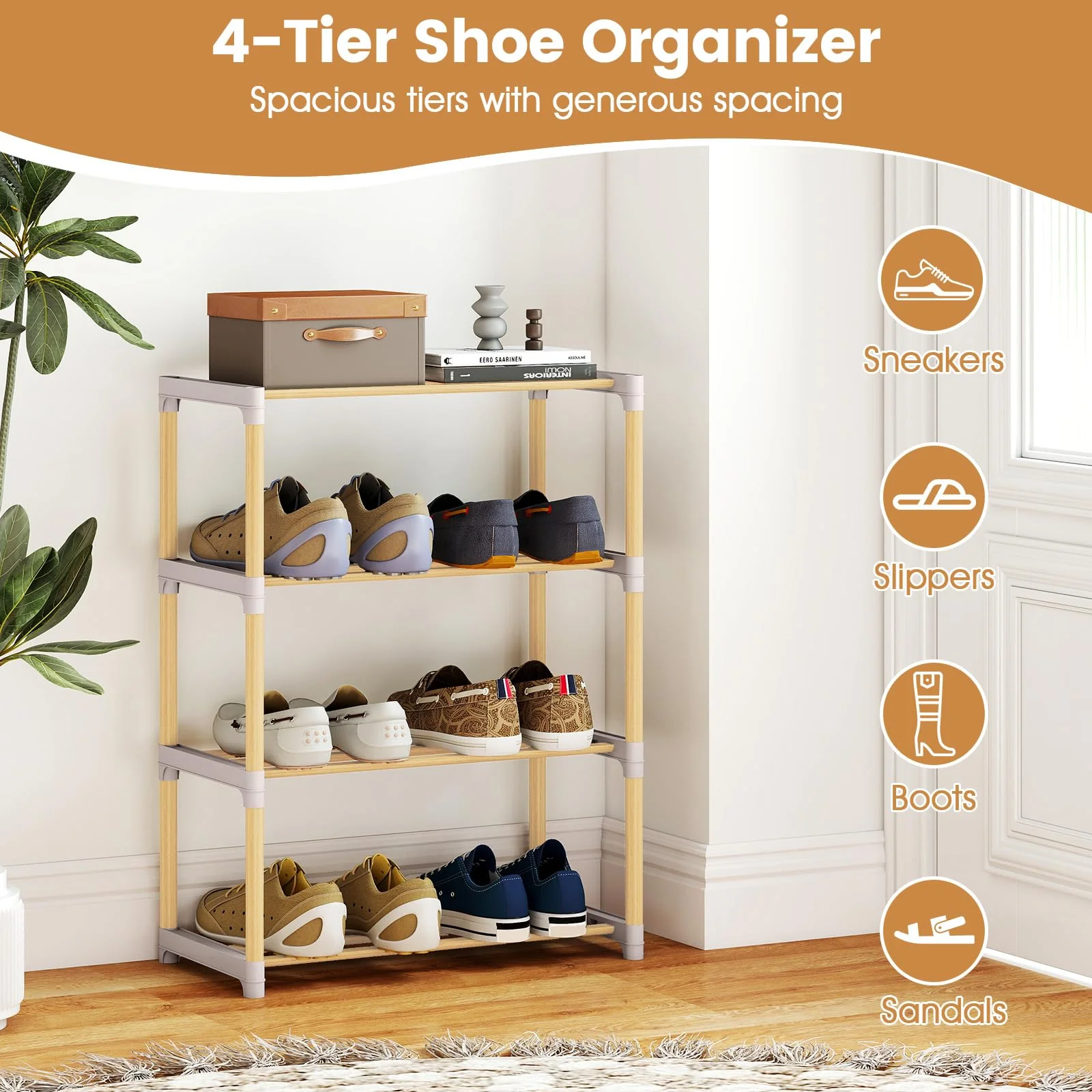 Tangkula 4-Tier Freestanding Shoe Stand with Slatted Open Shelves