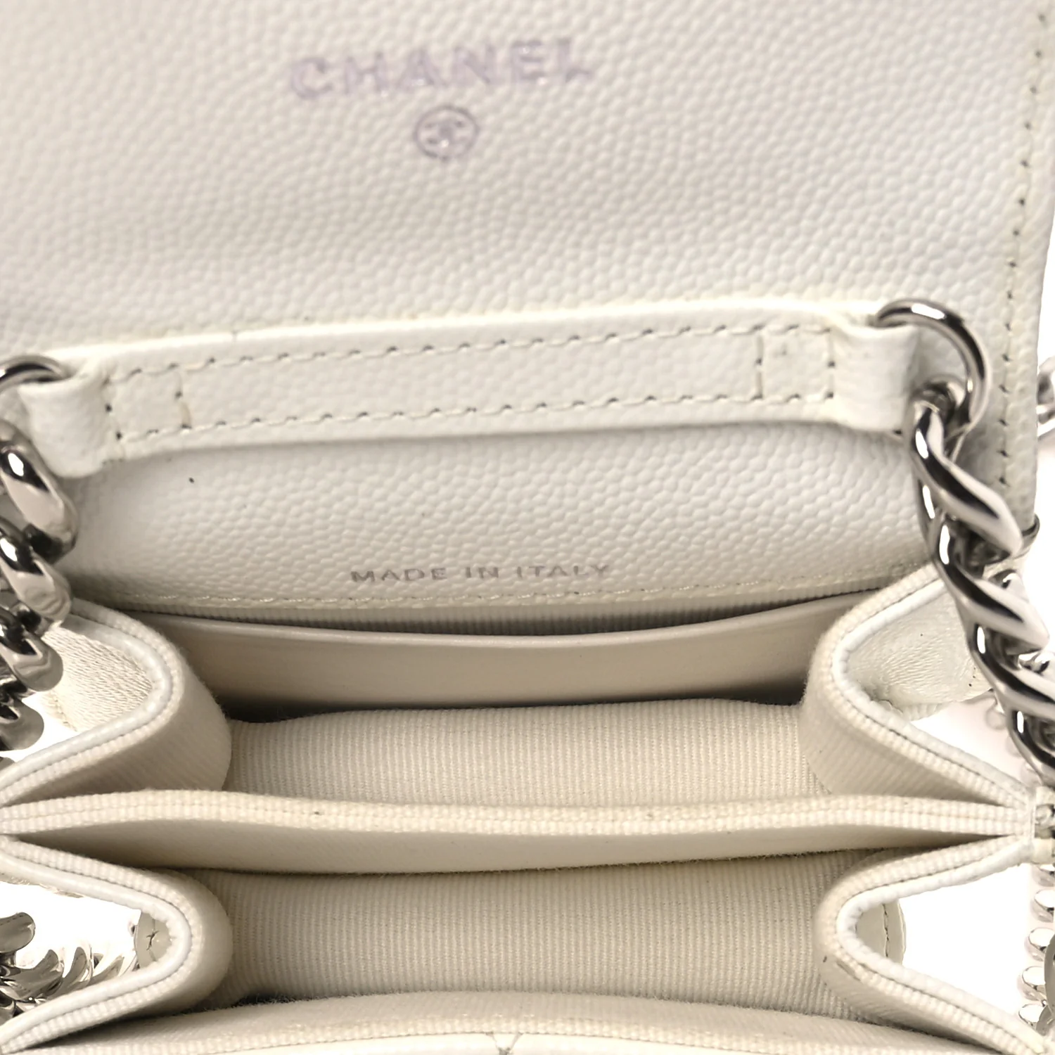 Caviar Quilted Enamel Coco Clutch With Chain White
