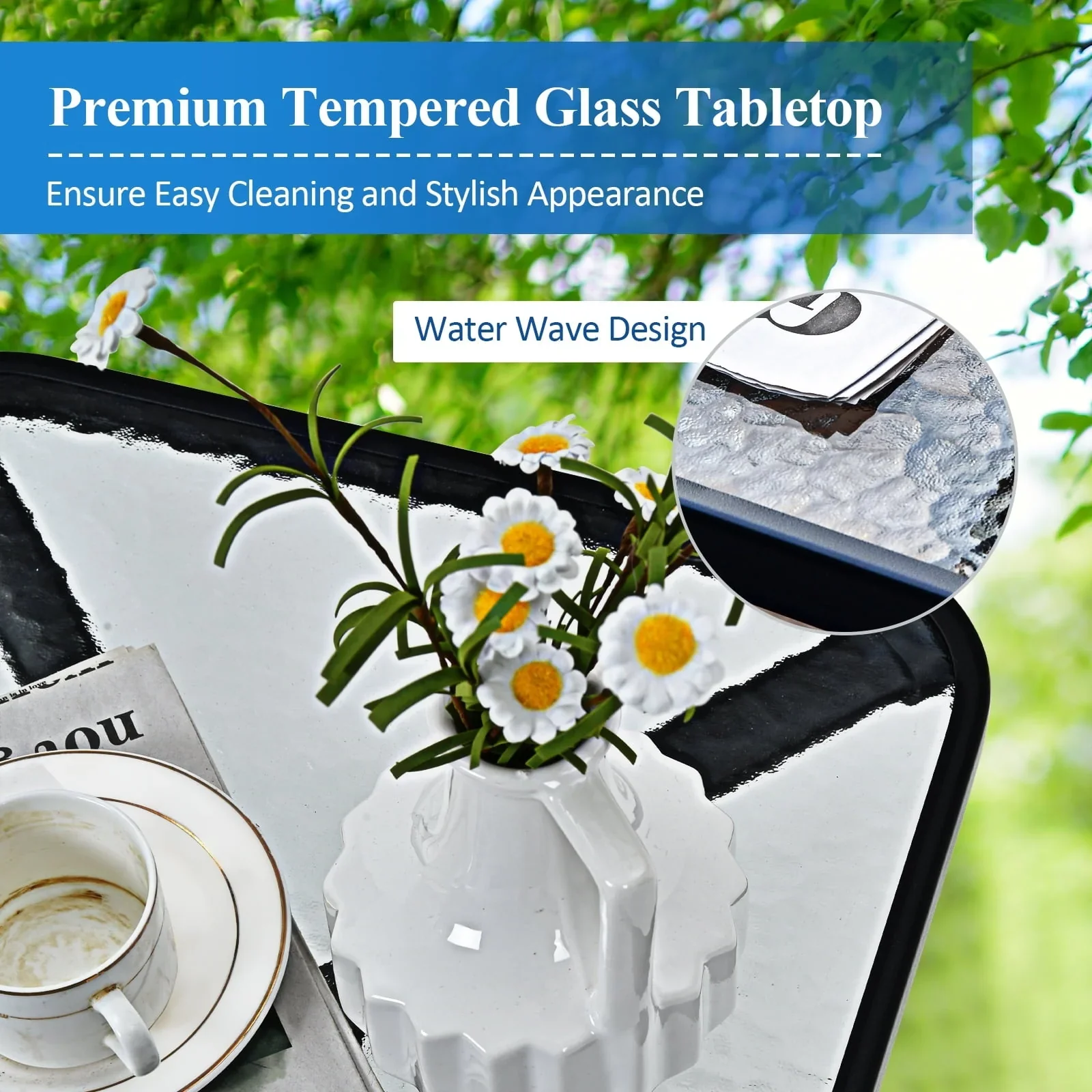 Costway 3PCS Bistro Set Folding Adjustable Chairs Square Glass Table Garden