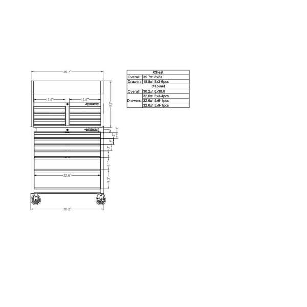 Coffre à outils et armoire combinés à 12 tiroirs, 91,4 cm de largeur, rouge brillant