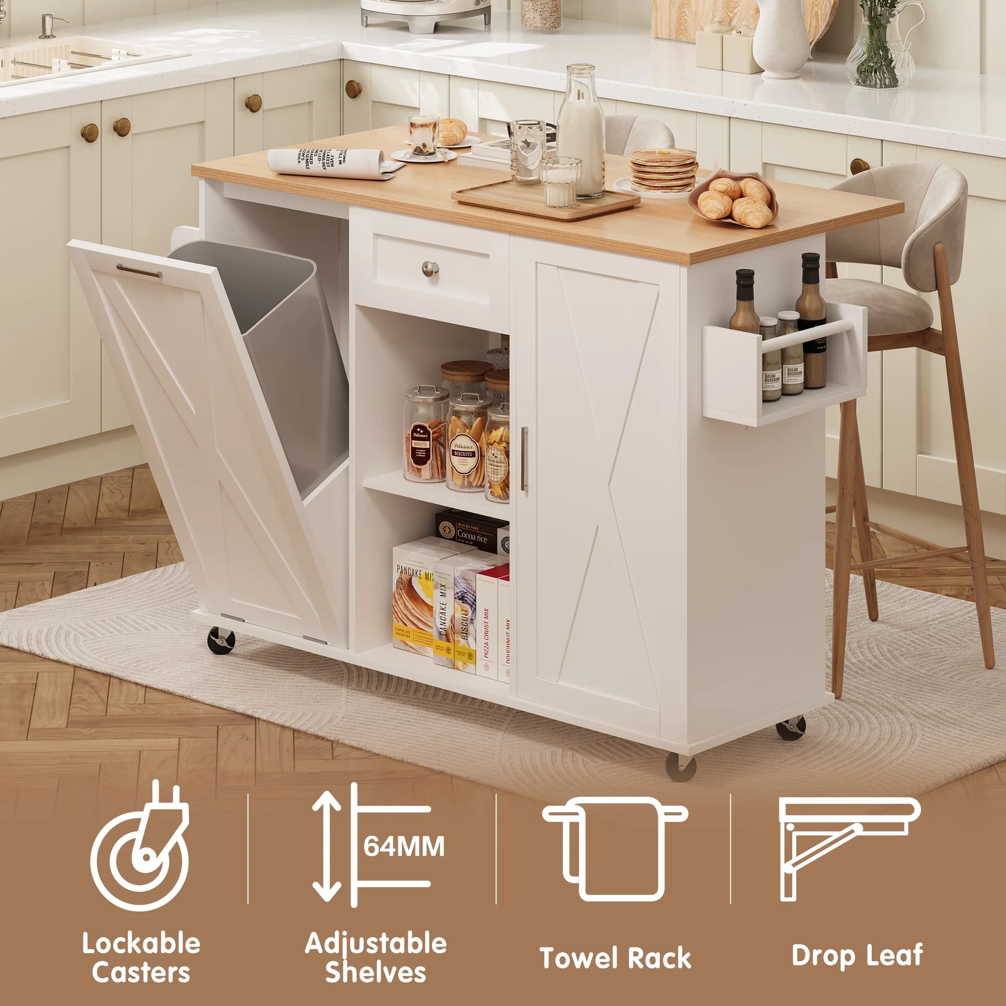 48" Kitchen Island Cart with Drop Leaf, 10 Gallon Storage and Tilt Out Trash Can Cabinet, Portable Kitchen Island with Wheels Drawer and Adjustable Shelves for Kitchen, White(White) - Image 8