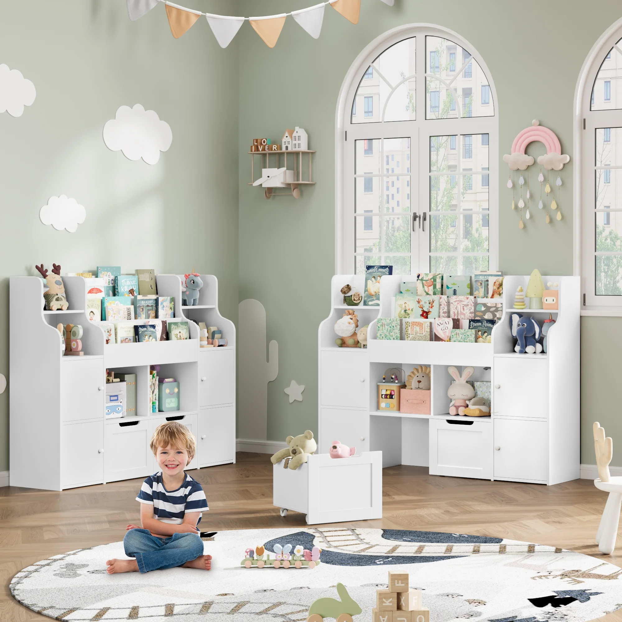 4 Doors Kids Bookcase with 3 Tier Book Racks 2 Mobile Drawers, 4 Cube Bookshelves Toy Storage Organizer for Playroom Kids Room, White(White) - Image 4
