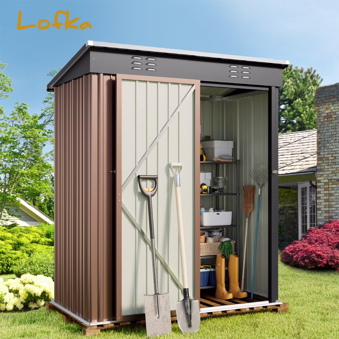 5' x 3' Outdoor Storage Shed, Metal Outdoor Storage Cabinet with Single Lockable Door, Waterproof Tool Shed,Gray(Gray) - Image 3