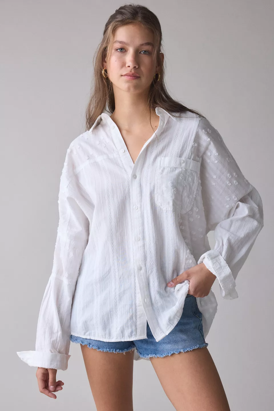 BDG Alex Oversized Cotton Button-Down Shirt-White