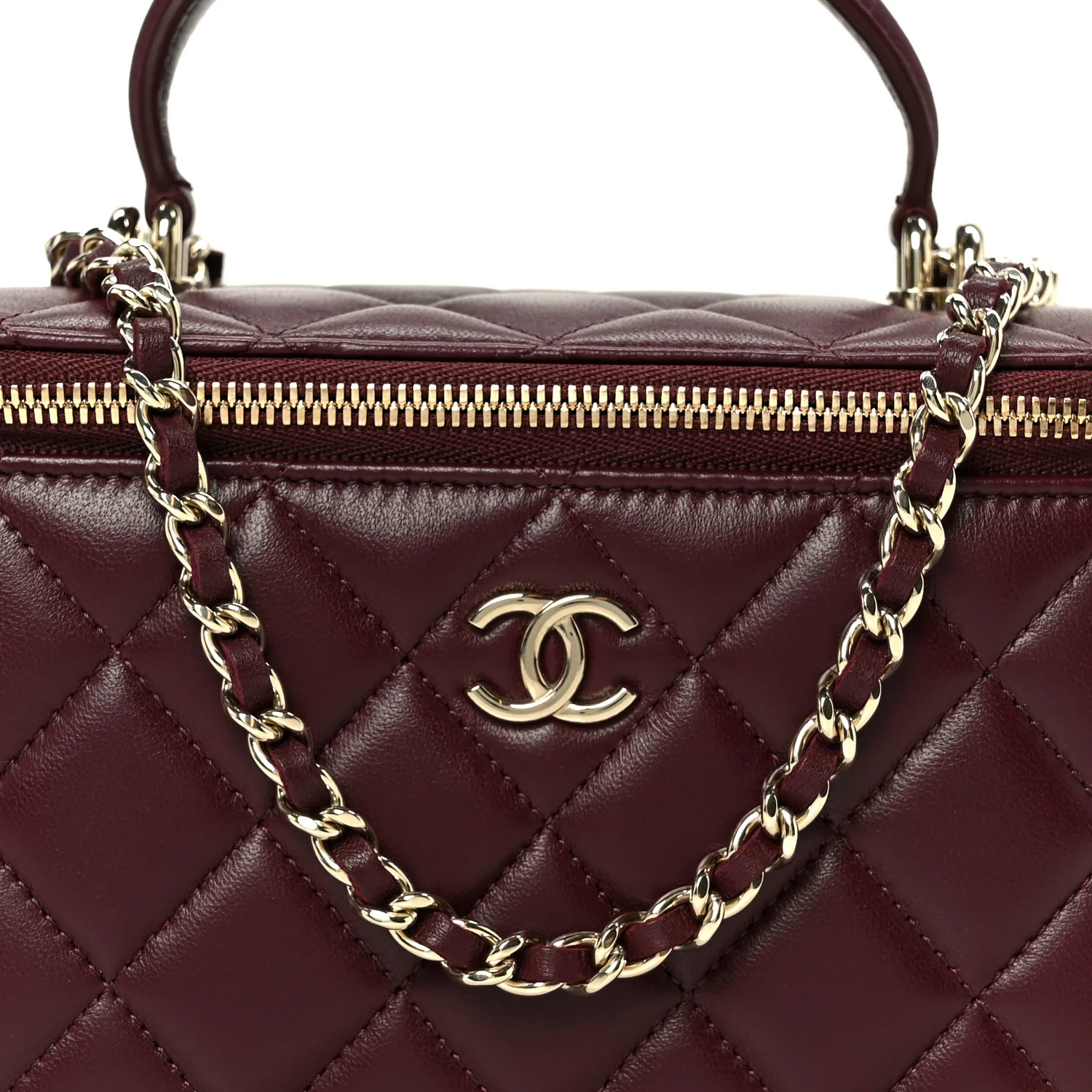 Lambskin Quilted Small Top Handle Vanity Case With Chain Burgundy