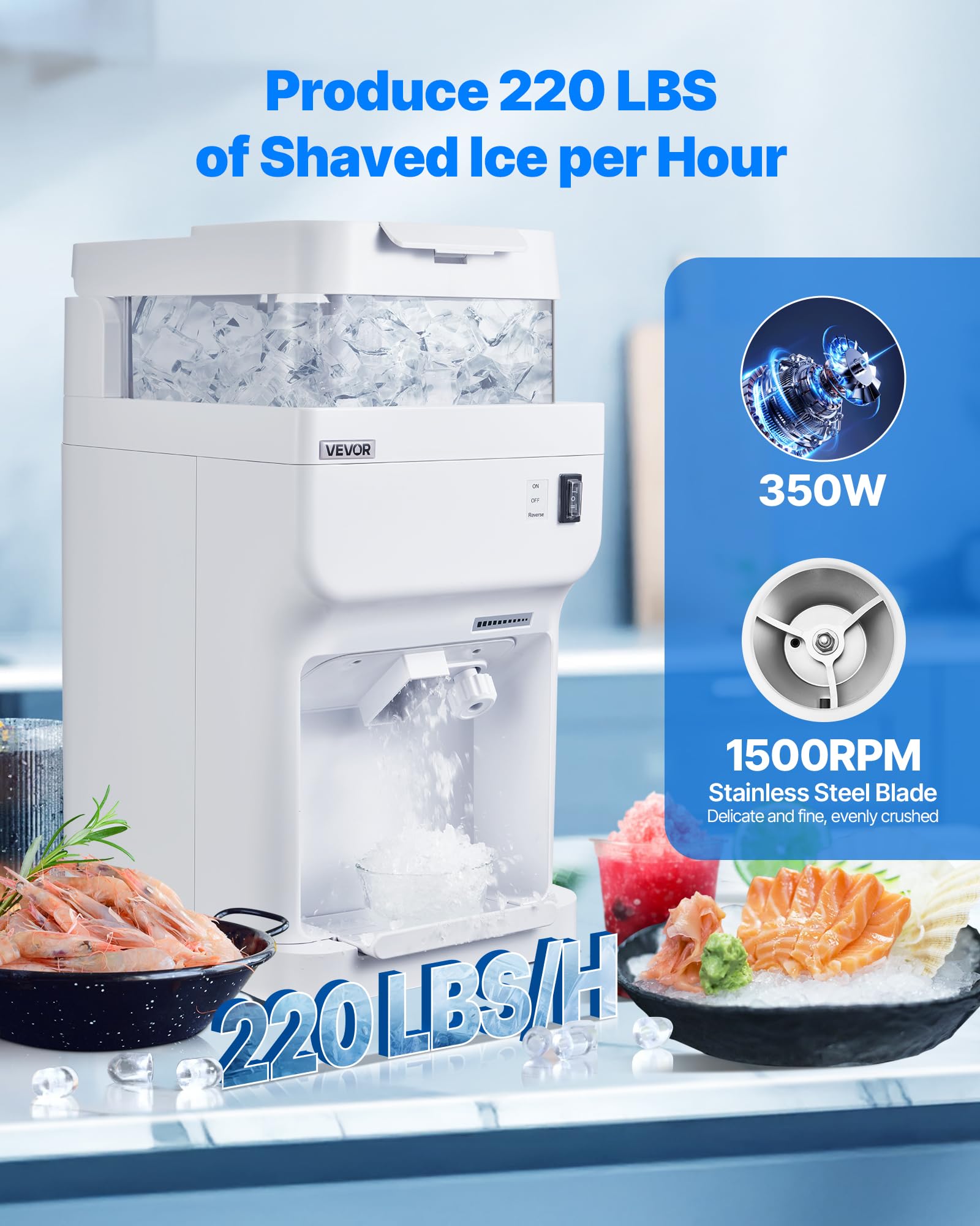 Commercial Ice Shaver Crusher, 220lbs Per Hour Electric Snow Cone Maker with 8L Ice Cube Box, 350W 1500RPM Tabletop Shaved Ice Machine for Parties Events Bar, Home and Commercial Use (White)
