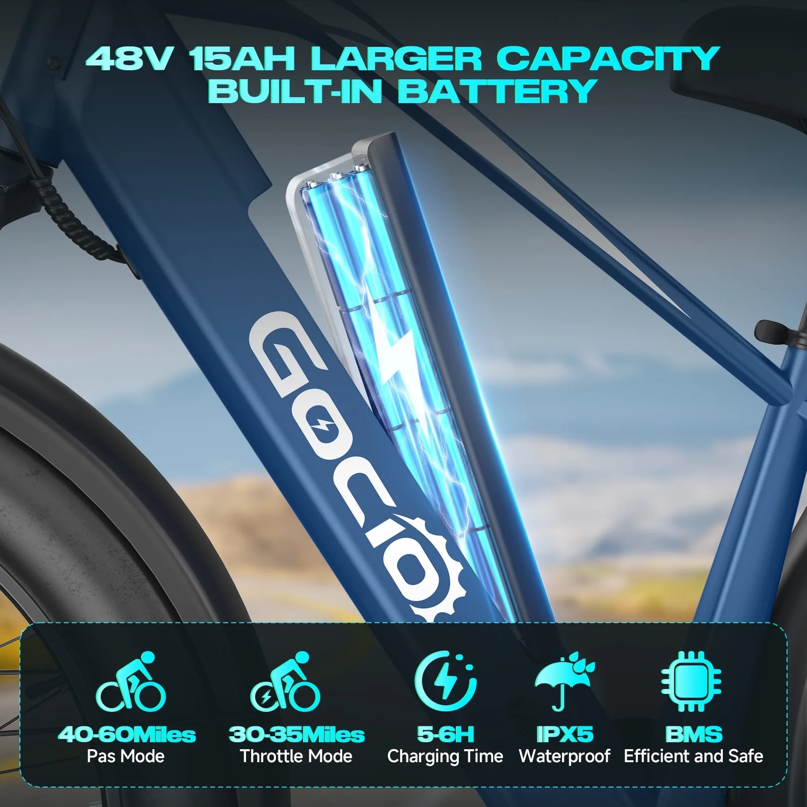 Electric Bike, 26"x4.0" Fat Tire E-Mountain Bike, Peak 1000W Motor, 28MPH 48V 15Ah Battery Removable Ebike for off Road, Sand, UL2849(Blue) - Image 4