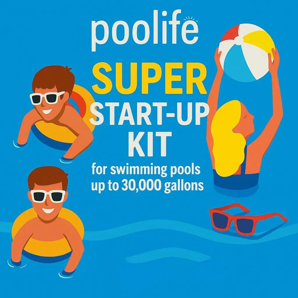 Poolife Super Start-Up Pool Bundle  41 lb TurboShock, 32 oz Defend+, 32 oz Stain Prevention, 64 oz Clarifier, 4.5 lb NST Tabs  with My Garden Pool Skimmer Socks, Scum Sponge & 7-in-1 Test Strips