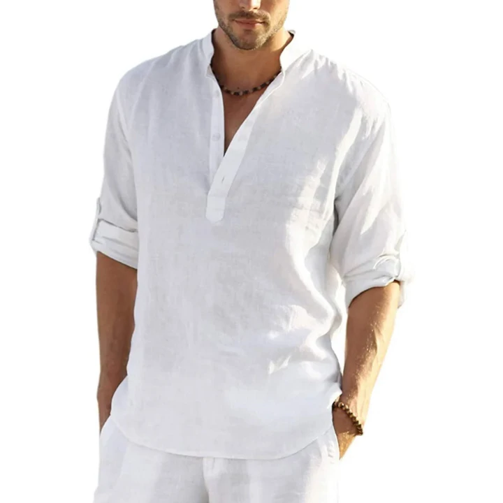 Chemise Henley en coton et lin pour homme EvalonrealmTM