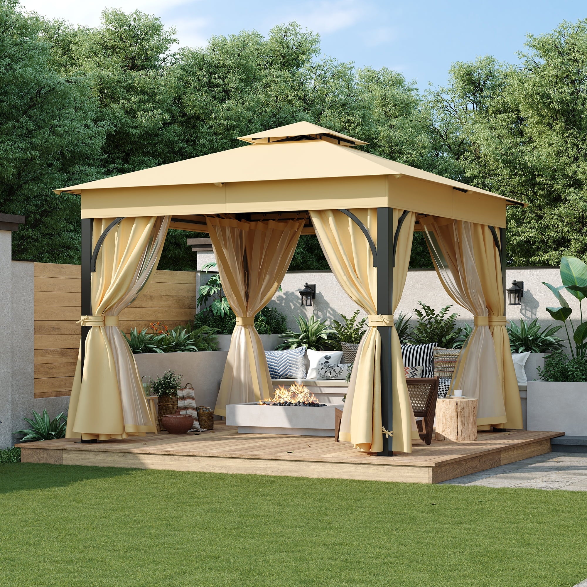 10'x10' Outdoor Gazebo with Netting and Privacy Screens, Metal Waterproof Gazebos with Softtop Roof, Patio Canopy Tent for Backyard Garden, Beige