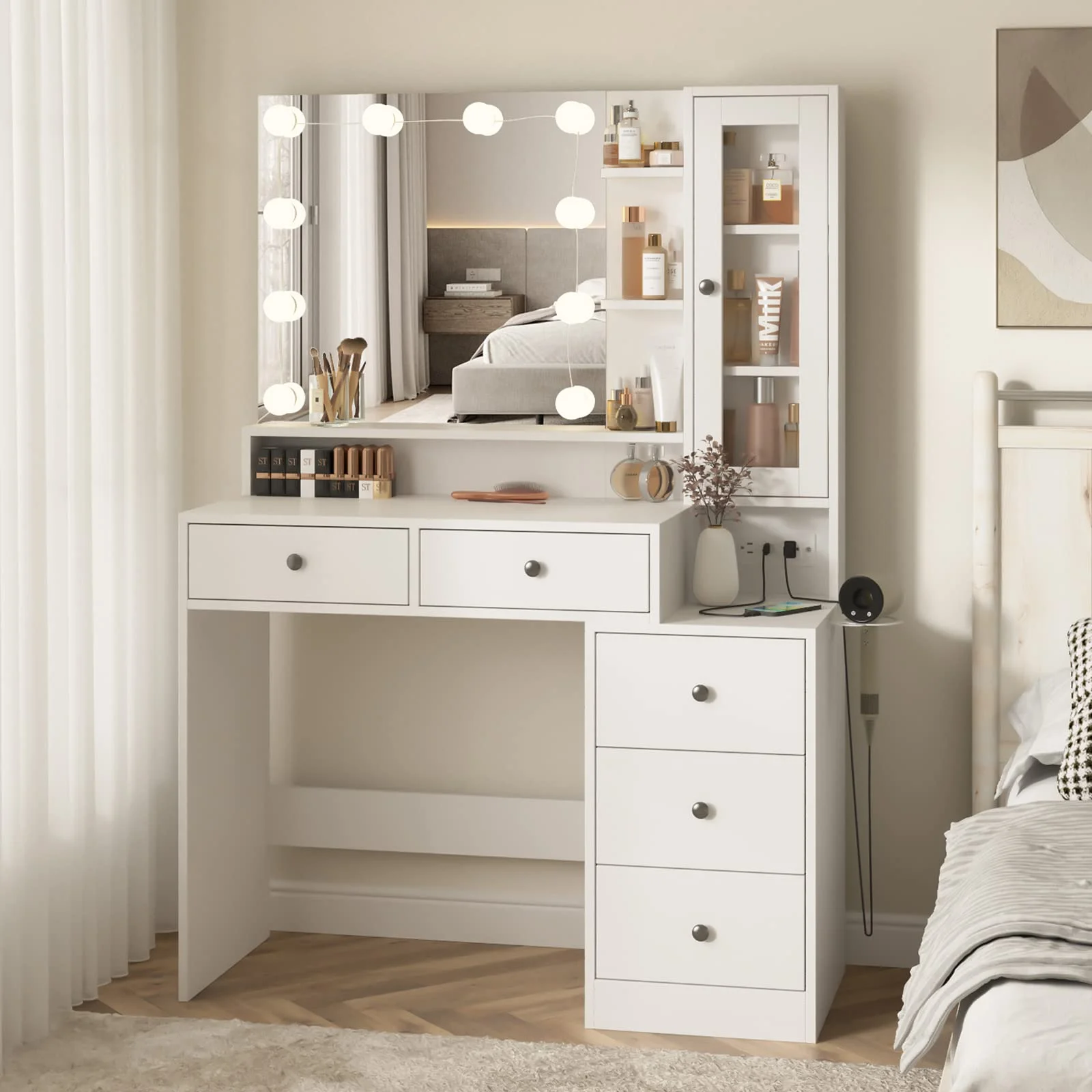 Makeup Vanity Desk with Lighted Mirror and Power Strip, Modern Vanity Table with 5 Drawers, White(White) - Image 10