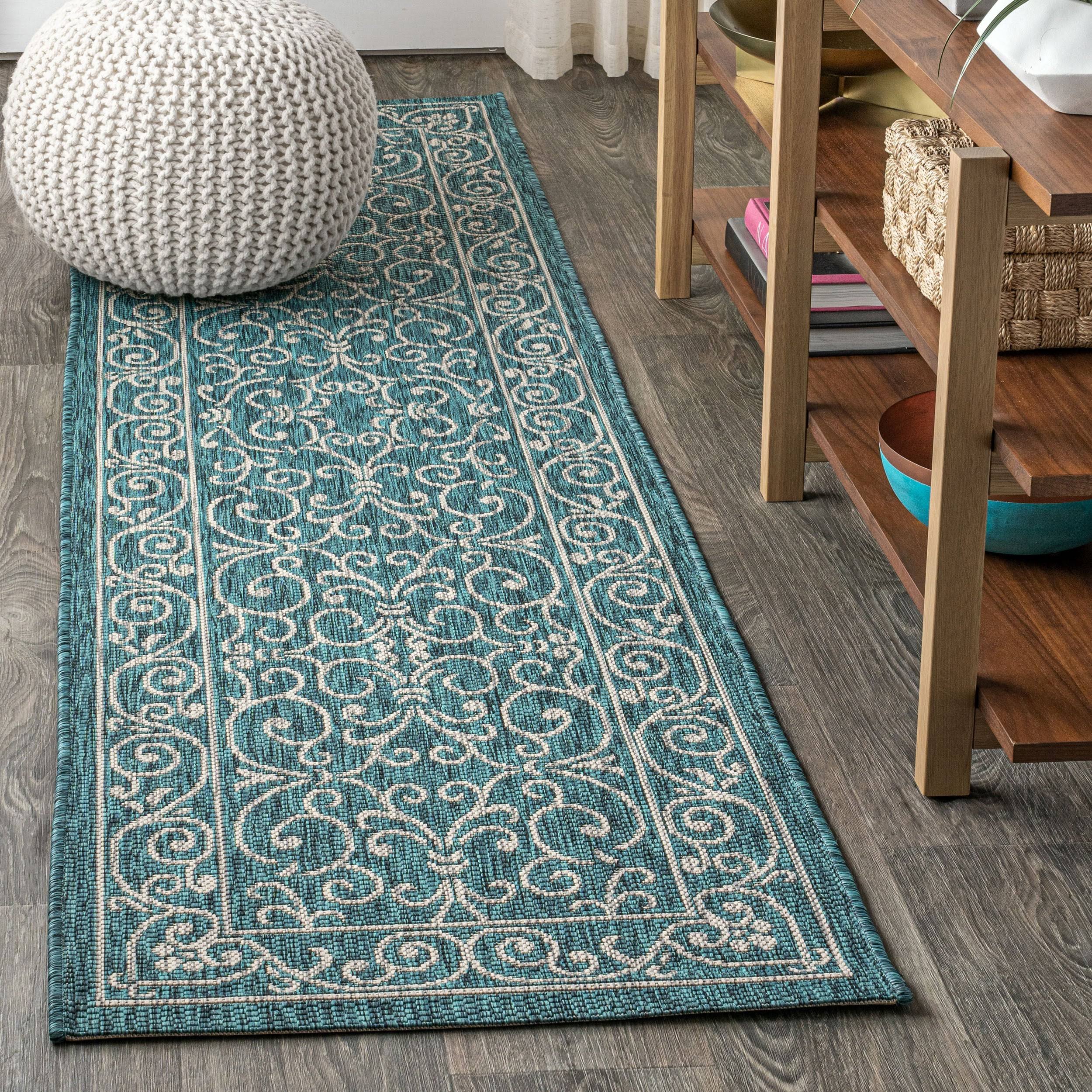 Jonathan Y Charleston Teal/Gray 2 ft. x 10 ft. Vintage Filigree Textured Weave Indoor/Outdoor Runner Rug