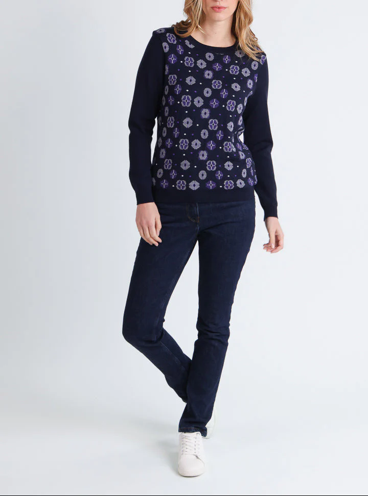 Pull jacquard femme en laine mérinos bleu