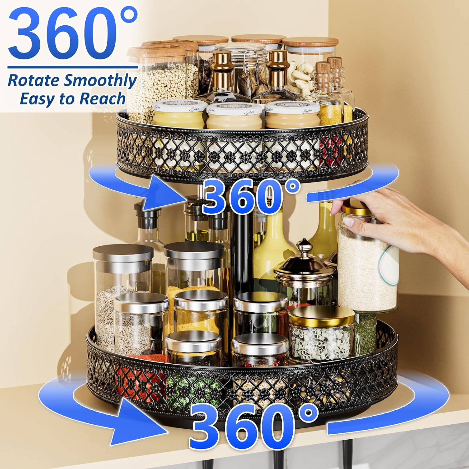 2 Tier Lazy Susan Organizer - Adjustable Rotating Spice Rack 12 inch