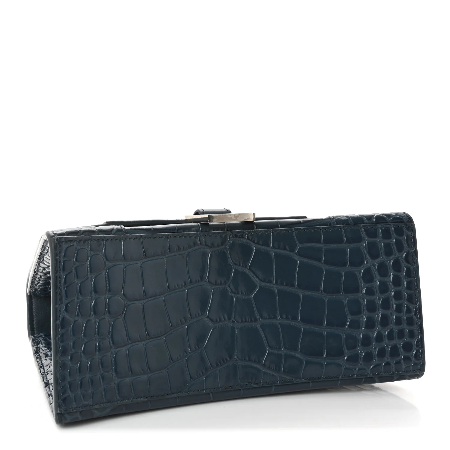 Shiny Calfskin Crocodile Embossed Small Hourglass Top Handle Bag Dark Petrol Blue
