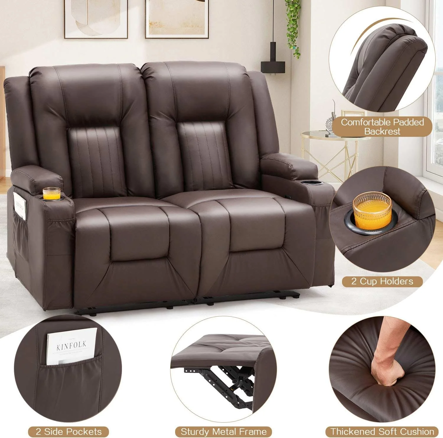 AECOJOY Loveseat Recliner with Cup Holders&Side Pockets, Brown, 2