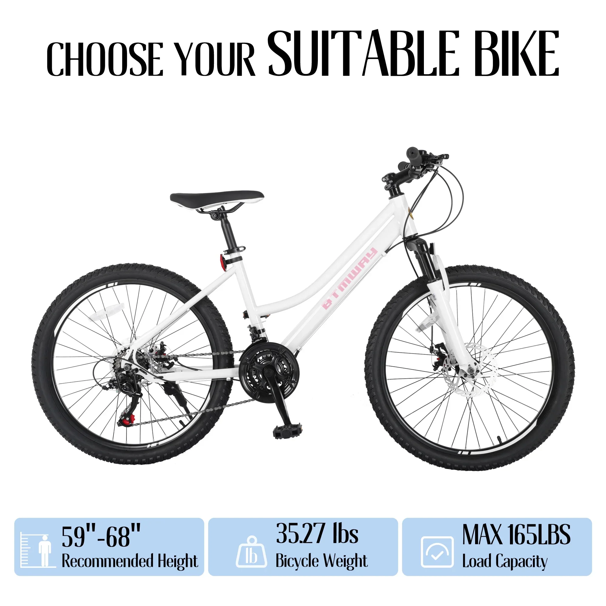 iRerts 24 Inch Mountain Bike, Shimano 21 Speed Mens Mountain Bike, Gear MTB Mens Bicycle with Dual Disc Brakes and Front Suspension, Pink