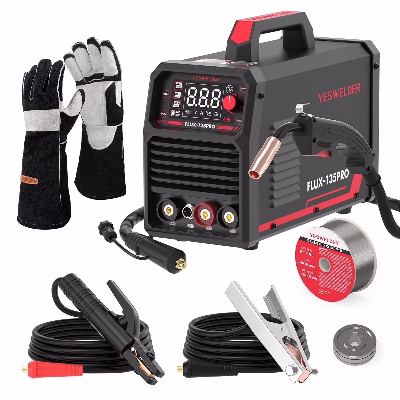 Yeswelder 135A Flux Welding Kit, Includes Welder, Gloves, and Wire, Black