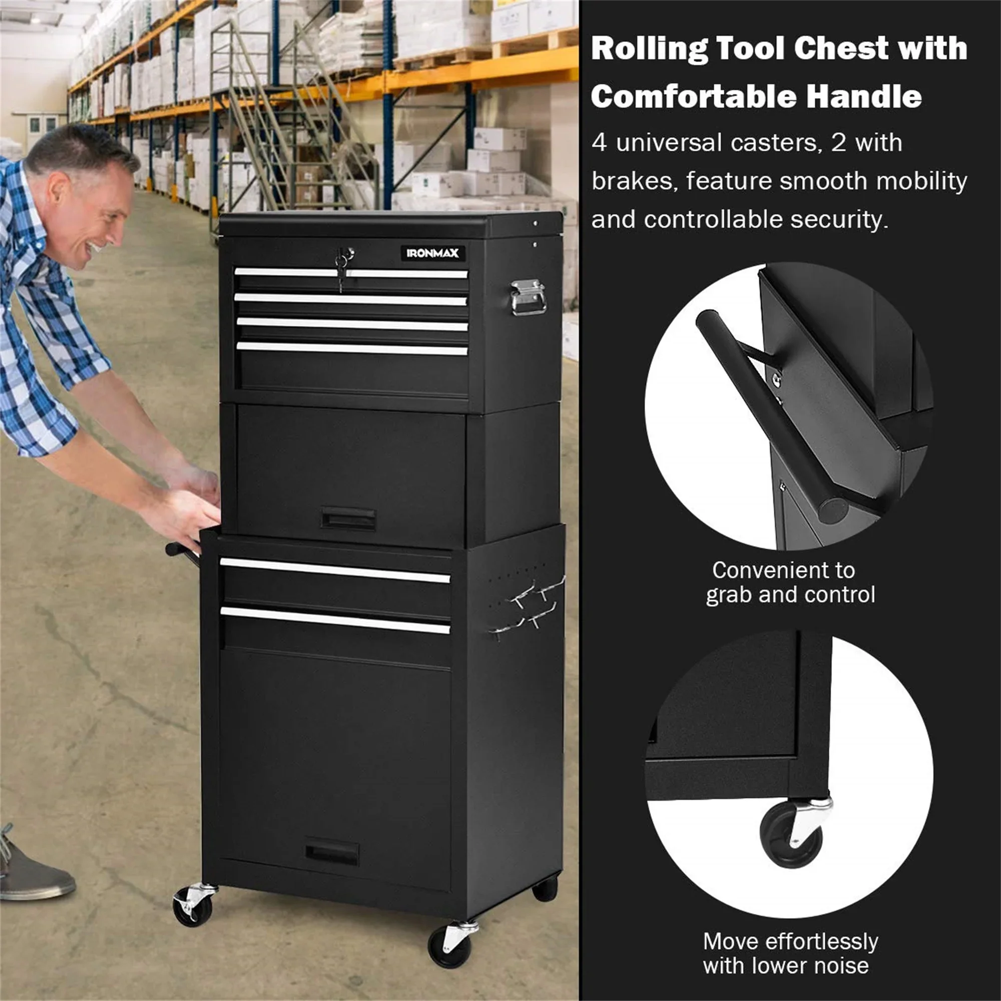 Aukfa Tool Box, 3 in 1 Steel Rolling Tool Chest w/ 6-Drawers & 2 Cabinet for Garage Workshop, Black