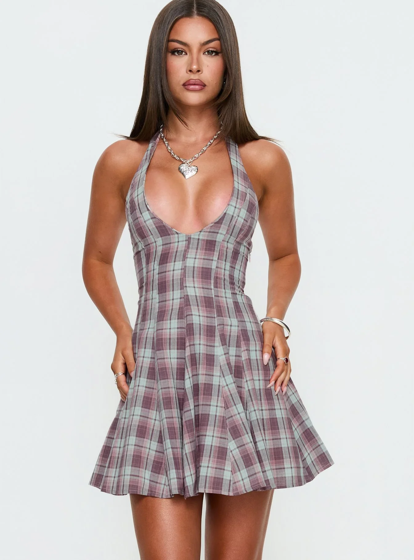 Out Of Nowhere Halter Mini Dress Burgundy / Pink Check
