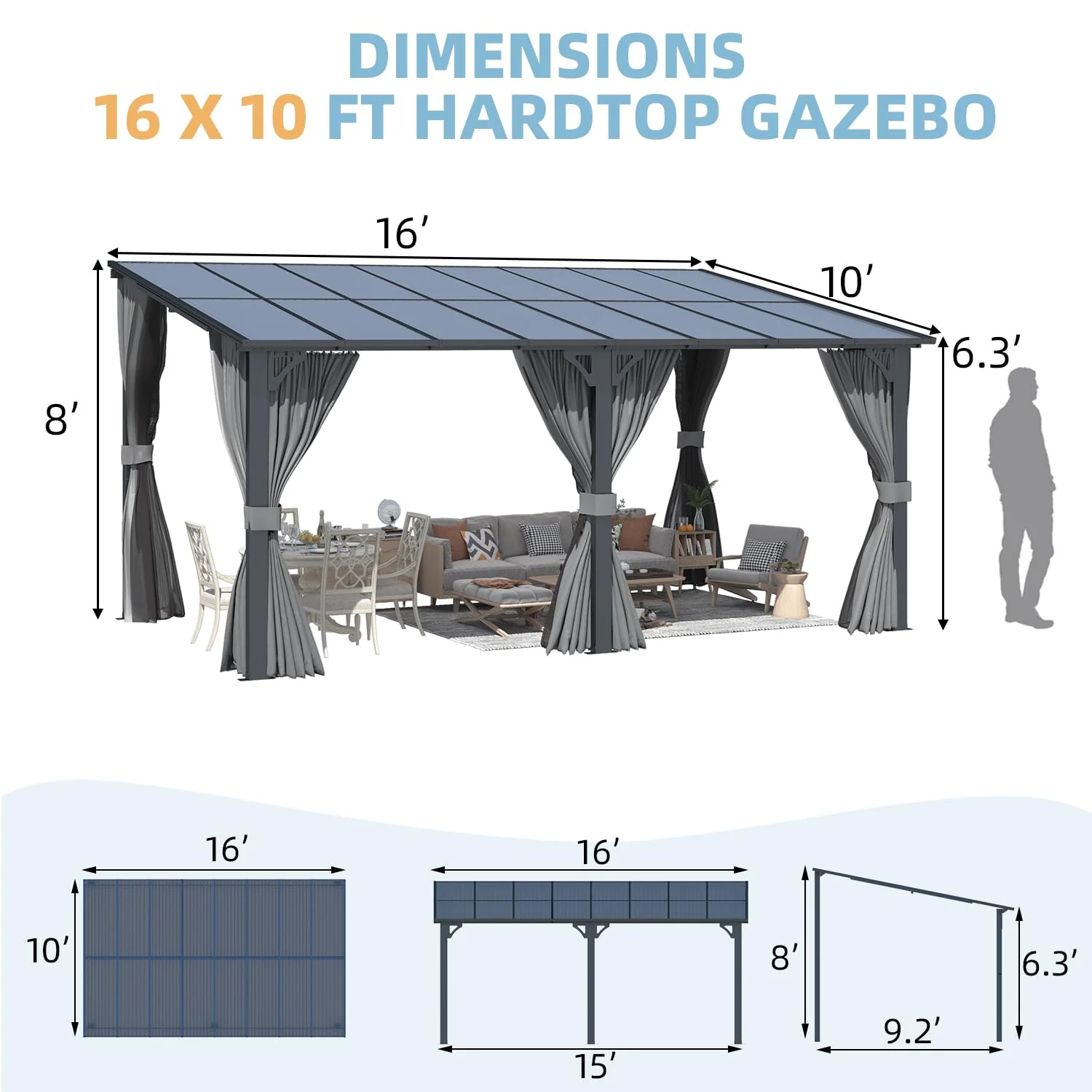 AECOJOY 16'x10' Wall Gazebo with Curtains and Mosquito Netting, Gray
