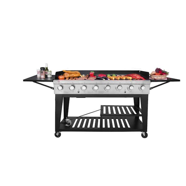8-Burner Event Propane Gas Grill in Black with 2 Folding Side Tables with Cover