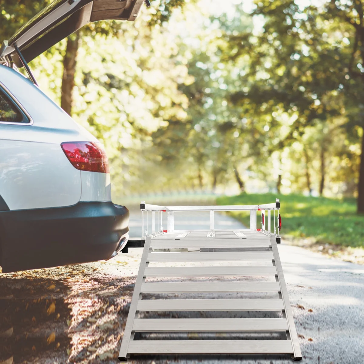 Costway 50'' x 29.5'' Aluminum Cargo Carrier with Ramp Hitch - Mounted Mobility Carrier Hauler