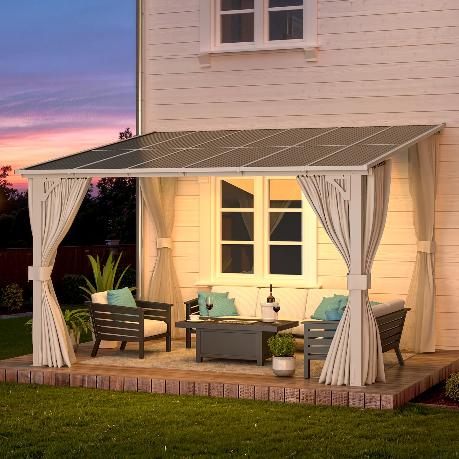 AECOJOY 12'x10' Wall Gazebo with Curtains and Mosquito Netting, White
