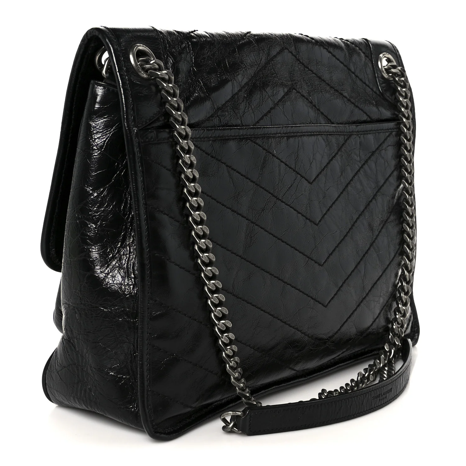 Crinkled Calfskin Matelasse Monogram Large Niki Chain Satchel Black