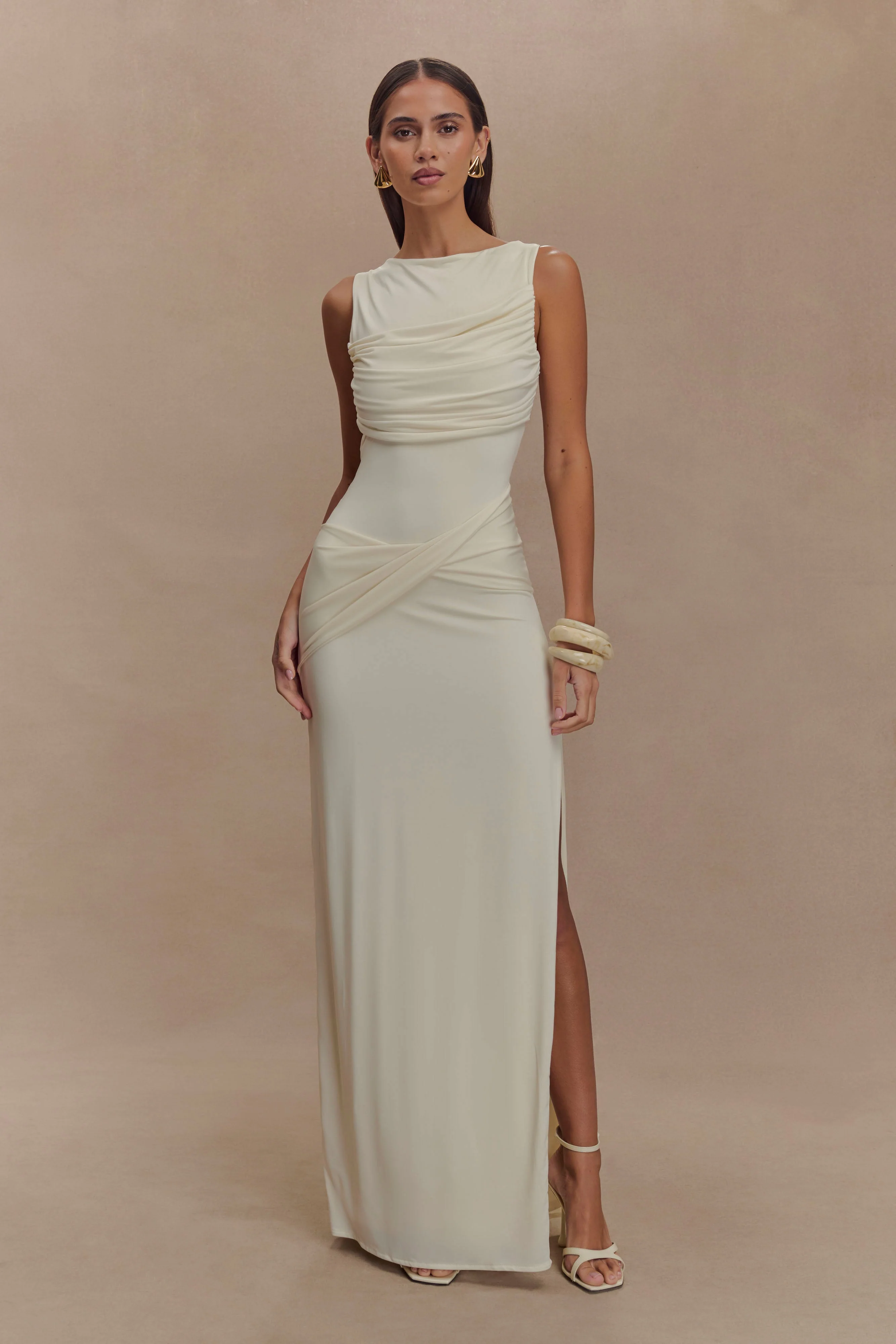 Henley Slinky Drape Maxi Dress - Ivory