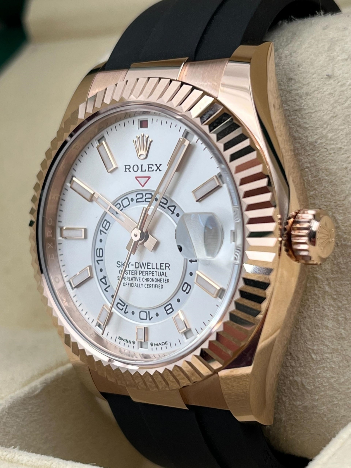 [Super Clone]RLX  Sky-Dweller 42mm Rose Gold White Dial Oysterflex - 336235