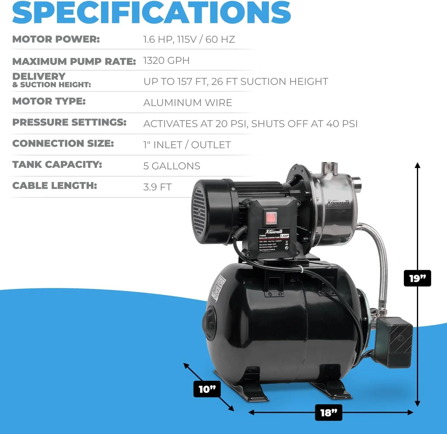 XtremepowerUS 1.6HP Portable Shallow Well Pump, 1268 GPH 120V With Controller, Stainless Steel, For Sprinkler, Irrigation, Garden, Lawn Water Transfer