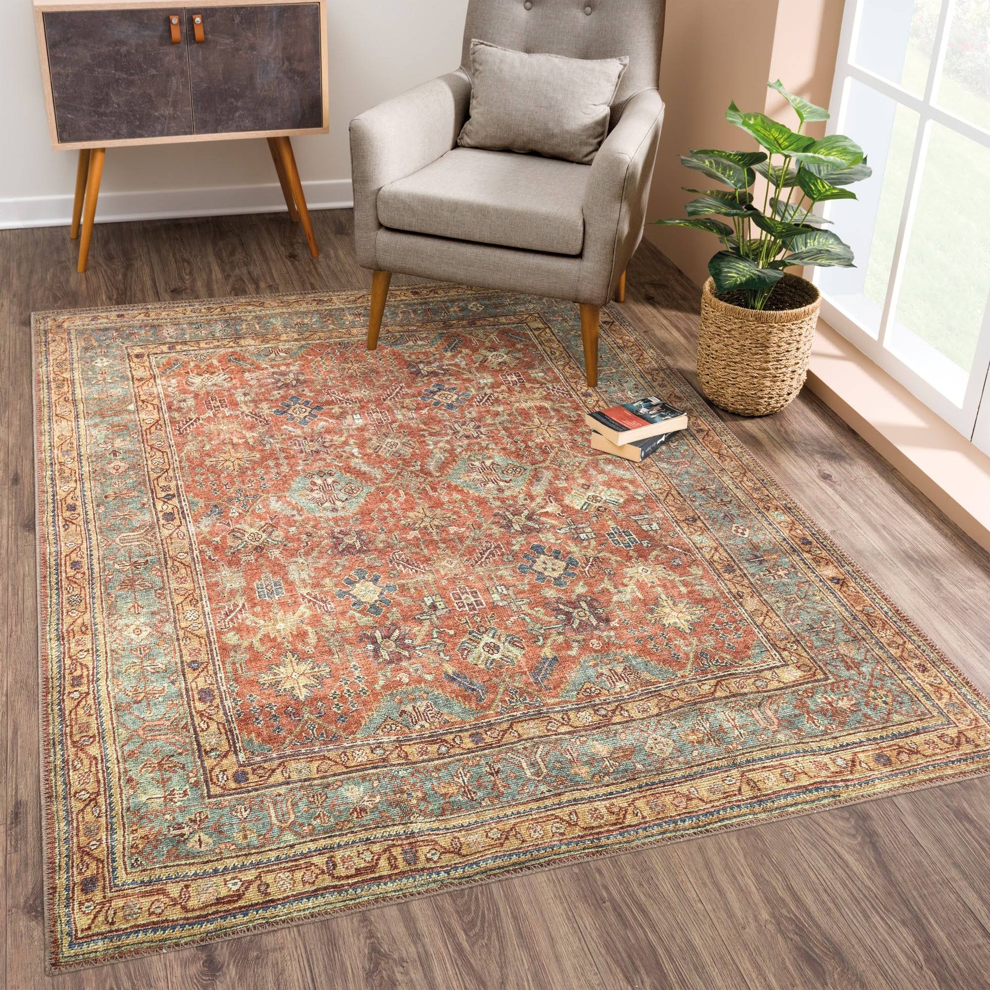Bloom Rugs Washable Non-Slip Traditional Persian Terracotta / Mustard Area Rug 5x7