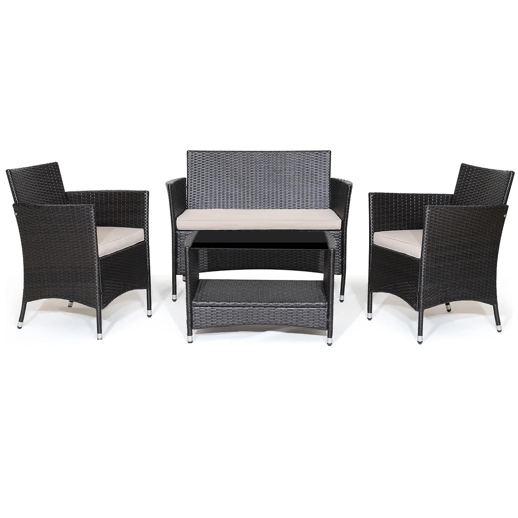 Costway 4PCS Patio Rattan Furniture Set Armrest Cushion Sofa Coffee Table withShelf Garden