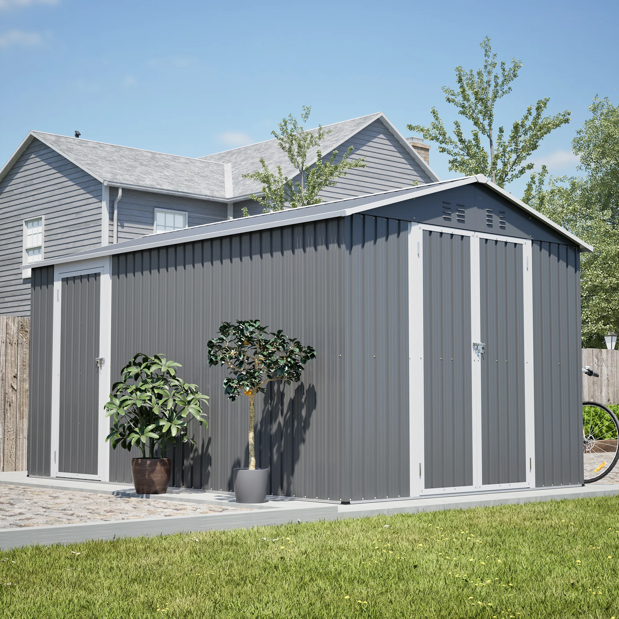 AECOJOY 8x12 FT Outdoor Metal Storage Shed with Additional Side Door, Large Tool Shed with 2 Lockable Doors