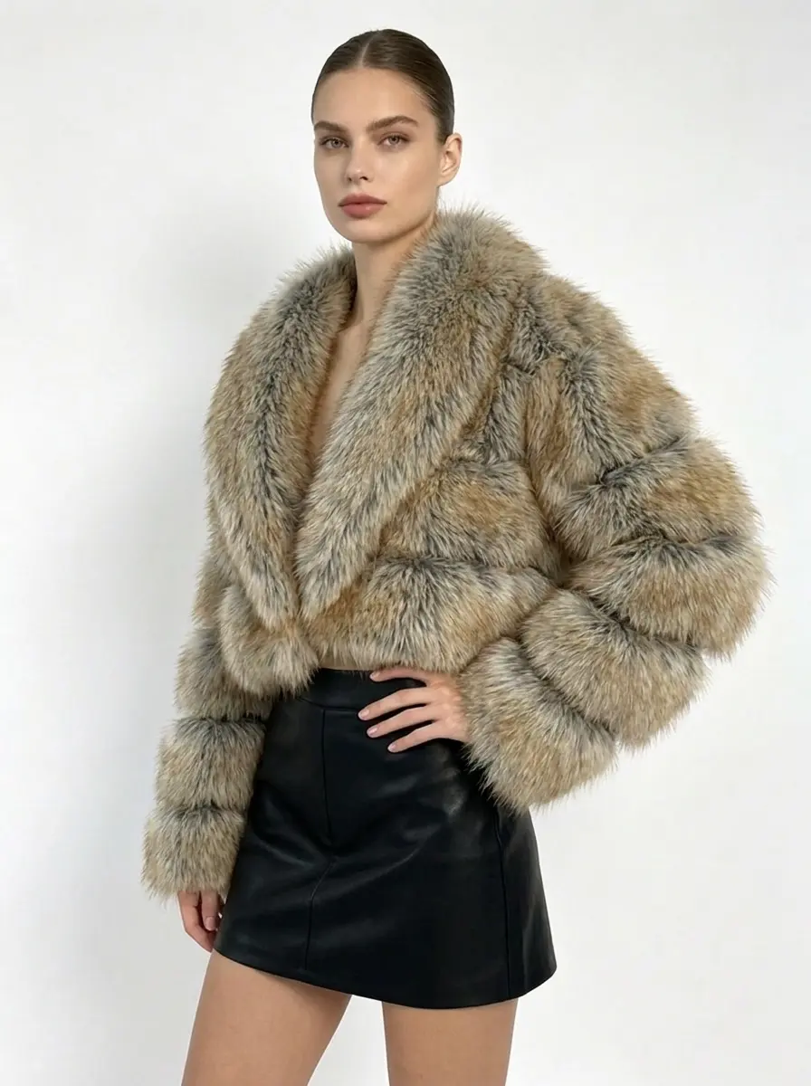 Woman wearing khaki short faux fur jacket with oversized lapel, three-quarter view