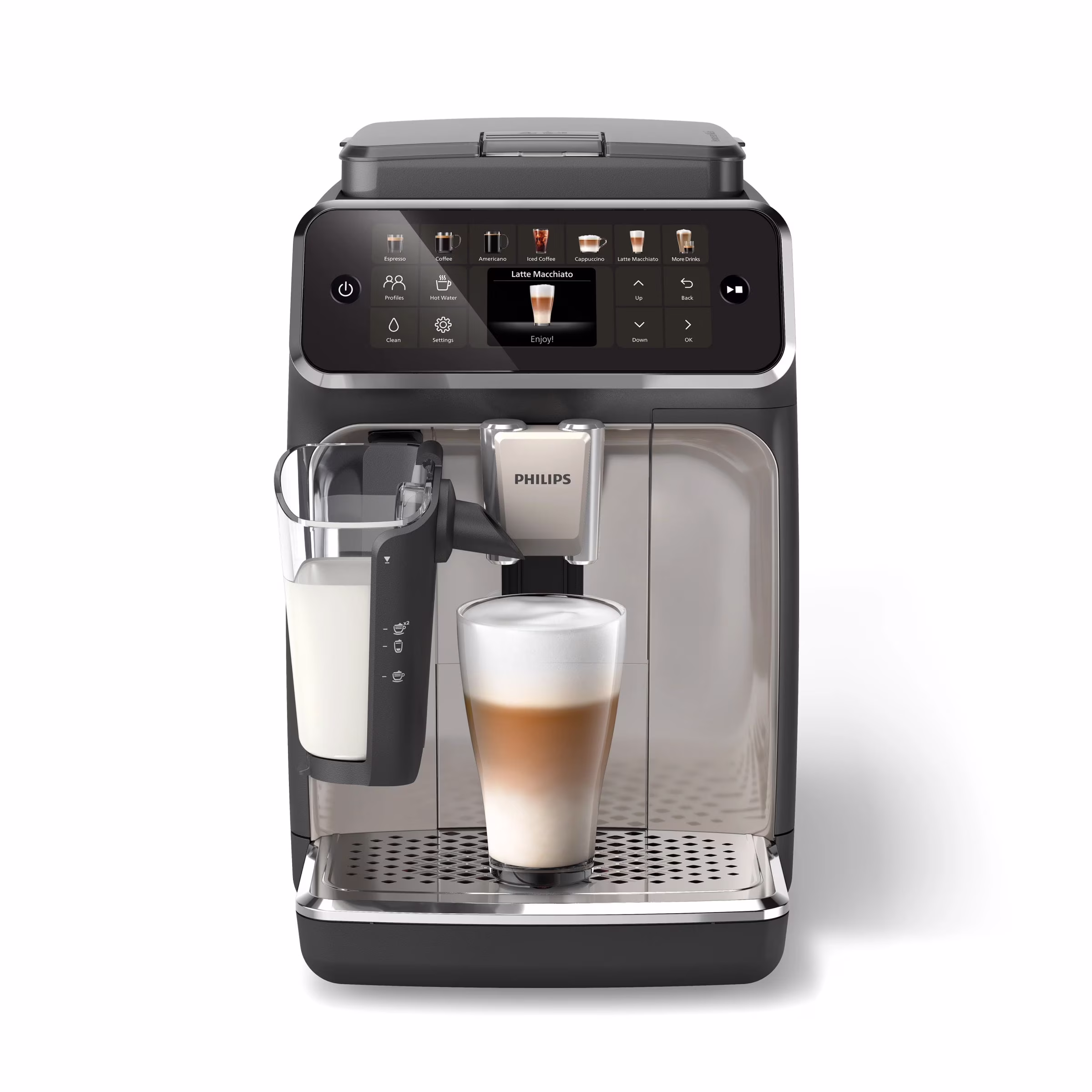 PHILIPS Series 4400 Fully Automatic Lattego Espresso Machine, Silentbrew Technology, Quick Start. Aromatic Coffee from Freshly Ground Beans, 12 Hot and Iced Drinks, Black Chrome (EP4447/90)