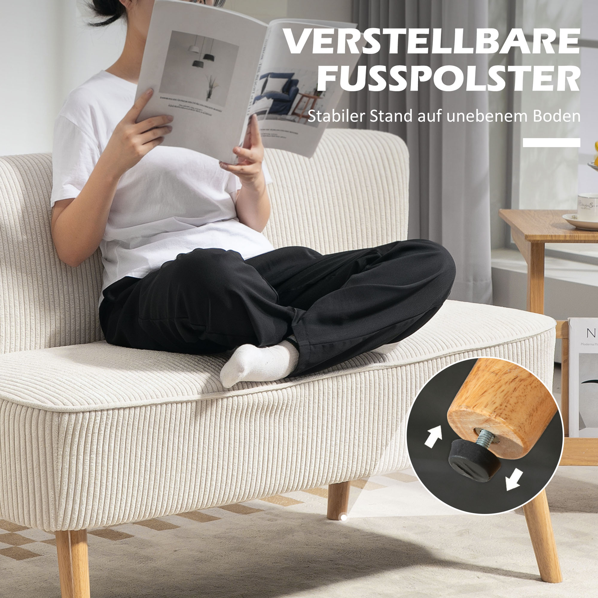 HOMCOM Tweezitsbank, Zachte Bekleding, Onderhoudsvriendelijk, Tot 150 kg Belastbaar, 117 x 56,5 x 77 cm, Crème Wit